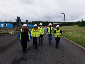 Project team members (left to right) Leona Skelton, Erin Gill (impact and engagement officer), Carry van Lieshout and Alexander Portch, with Northumbrian Water official, at Howdon Sewage Treatment Works, Newcastle, 5 June 2014 (photo: Marianna Dudley)